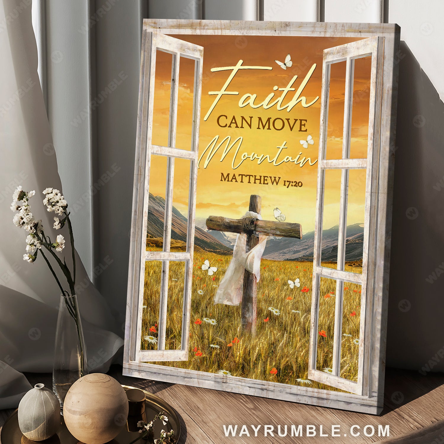 Beautiful flower garden, Wooden cross, Orange sunset, Faith can move mountain - Jesus Portrait Canvas Prints, Christian Wall Art