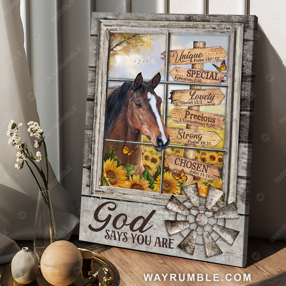 Brown horse drawing, Sunflower field, God says you are unique - Jesus Portrait Canvas Prints, Christian Wall Art