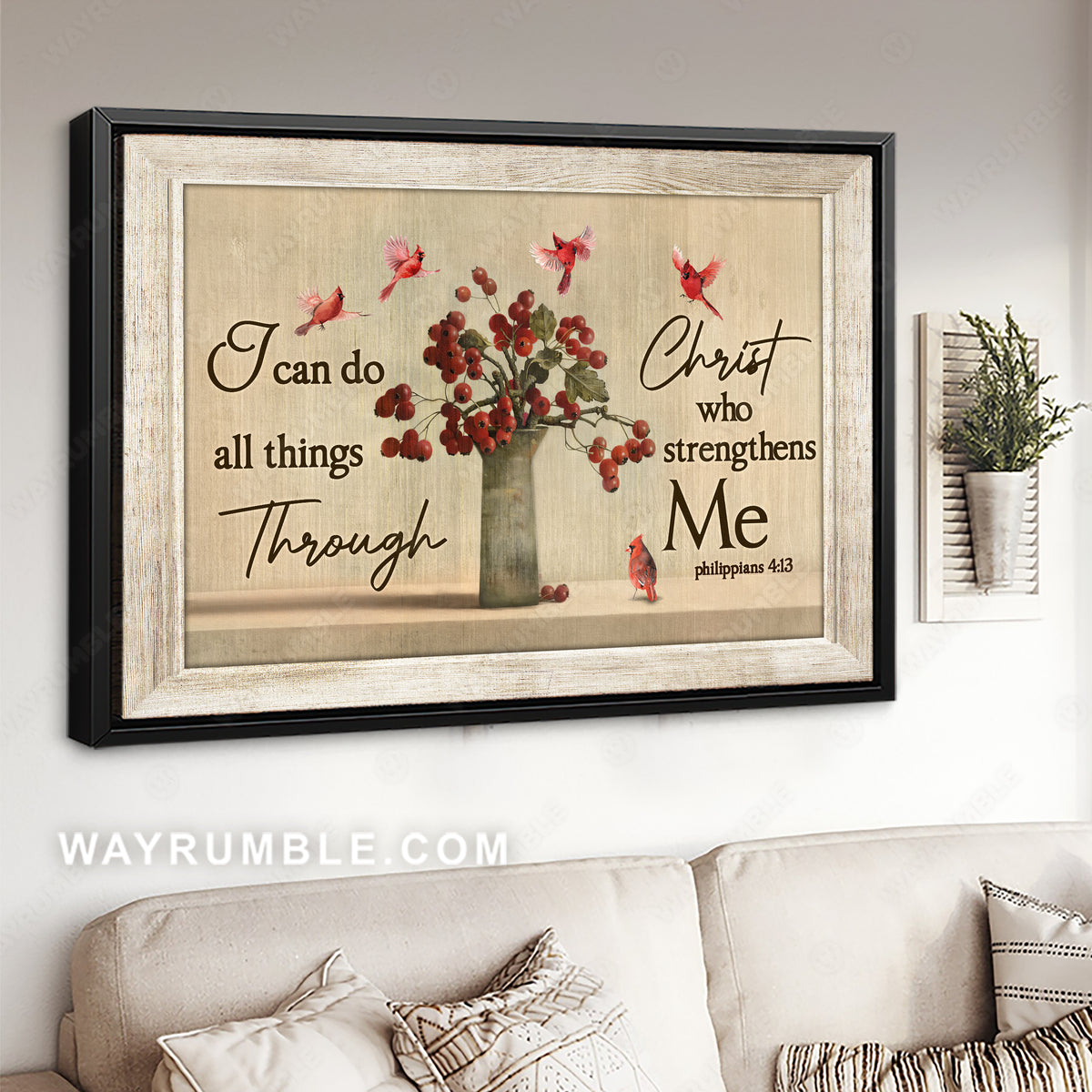 Cranberry vase, Beautiful cardinal, I can do all things through Christ who strengthens me - Jesus Landscape Canvas Prints, Christian Wall Art