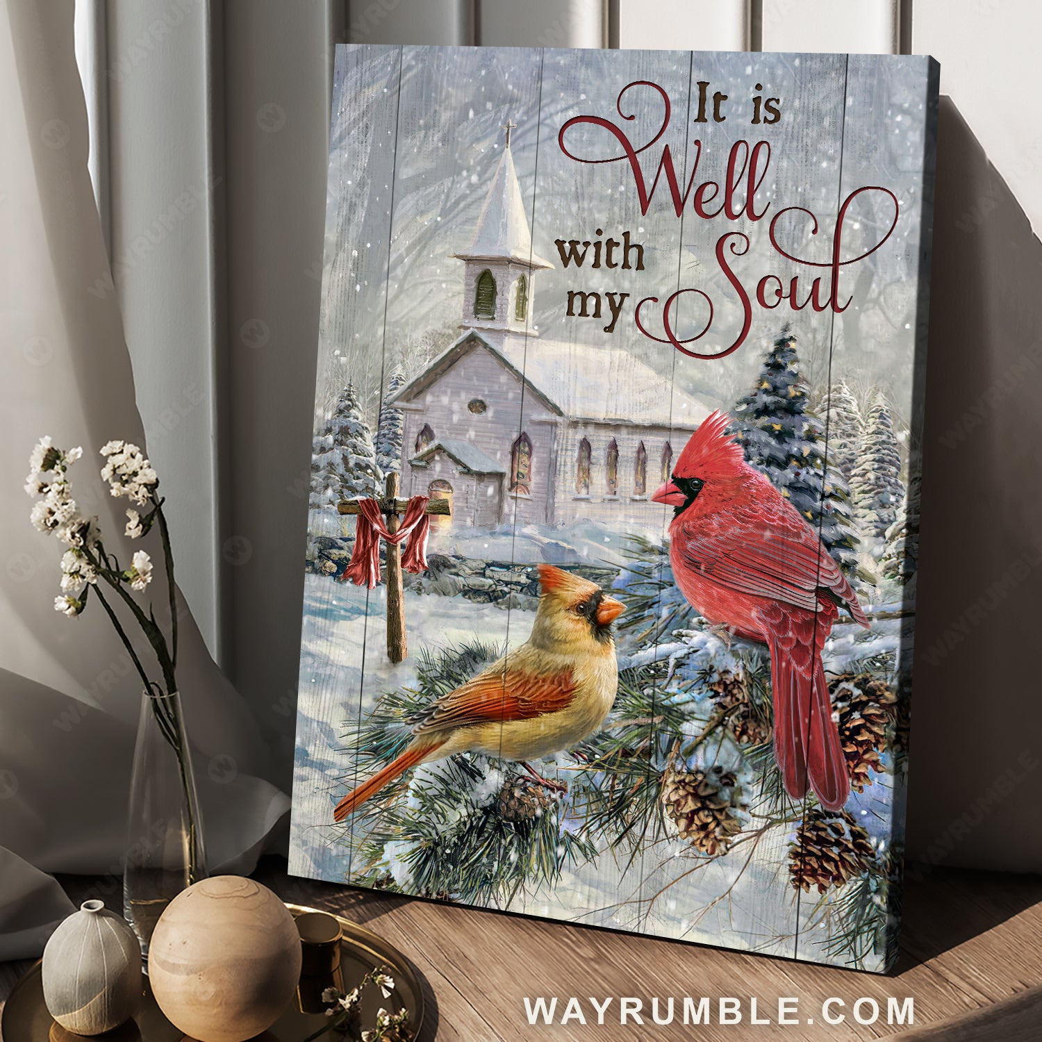 Christmas tree, Stunning cardinal, Winter drawing, It is well with my soul - Jesus Portrait Canvas Prints, Home Decor Wall Art