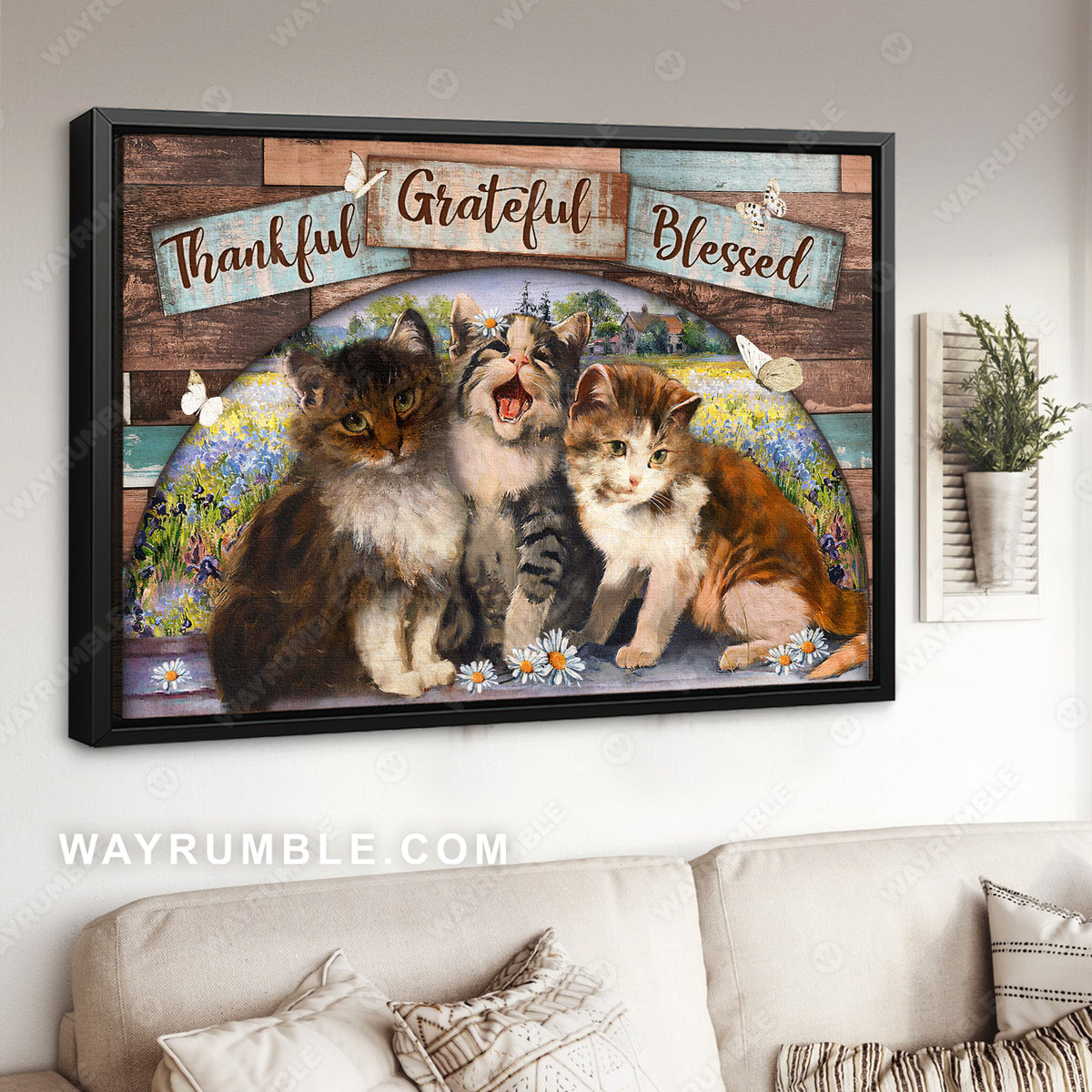 Little cat drawing, Flower field, Butterfly, Thankful, Grateful, Blessed - Jesus Landscape Canvas Prints, Christian Wall Art