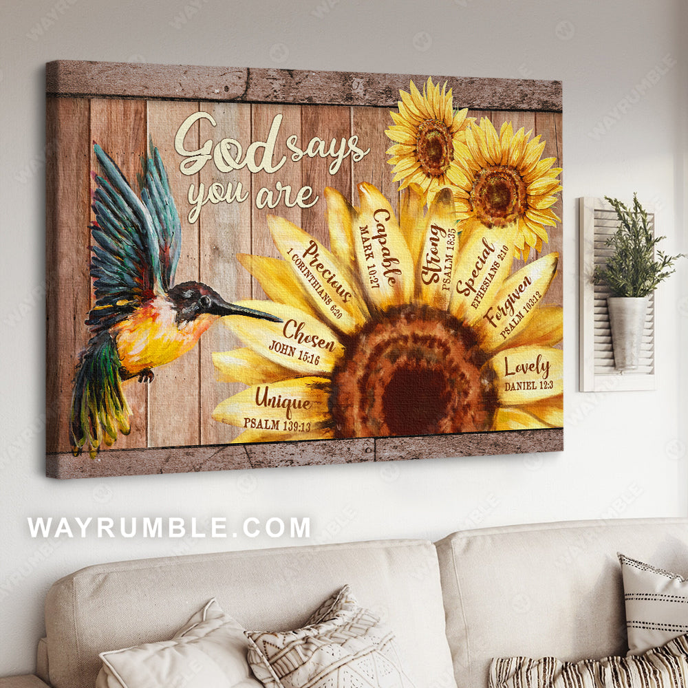 Beautiful hummingbird, Big sunflower, God says you are unique - Jesus Landscape Canvas Prints, Christian Wall Art