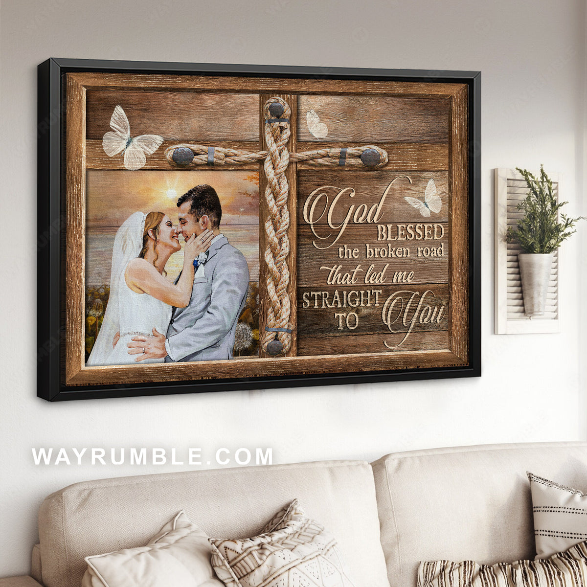 Just married, Pretty sunset, Unique cross, God blessed the broken road - Jesus Landscape Canvas Prints, Christian Wall Art