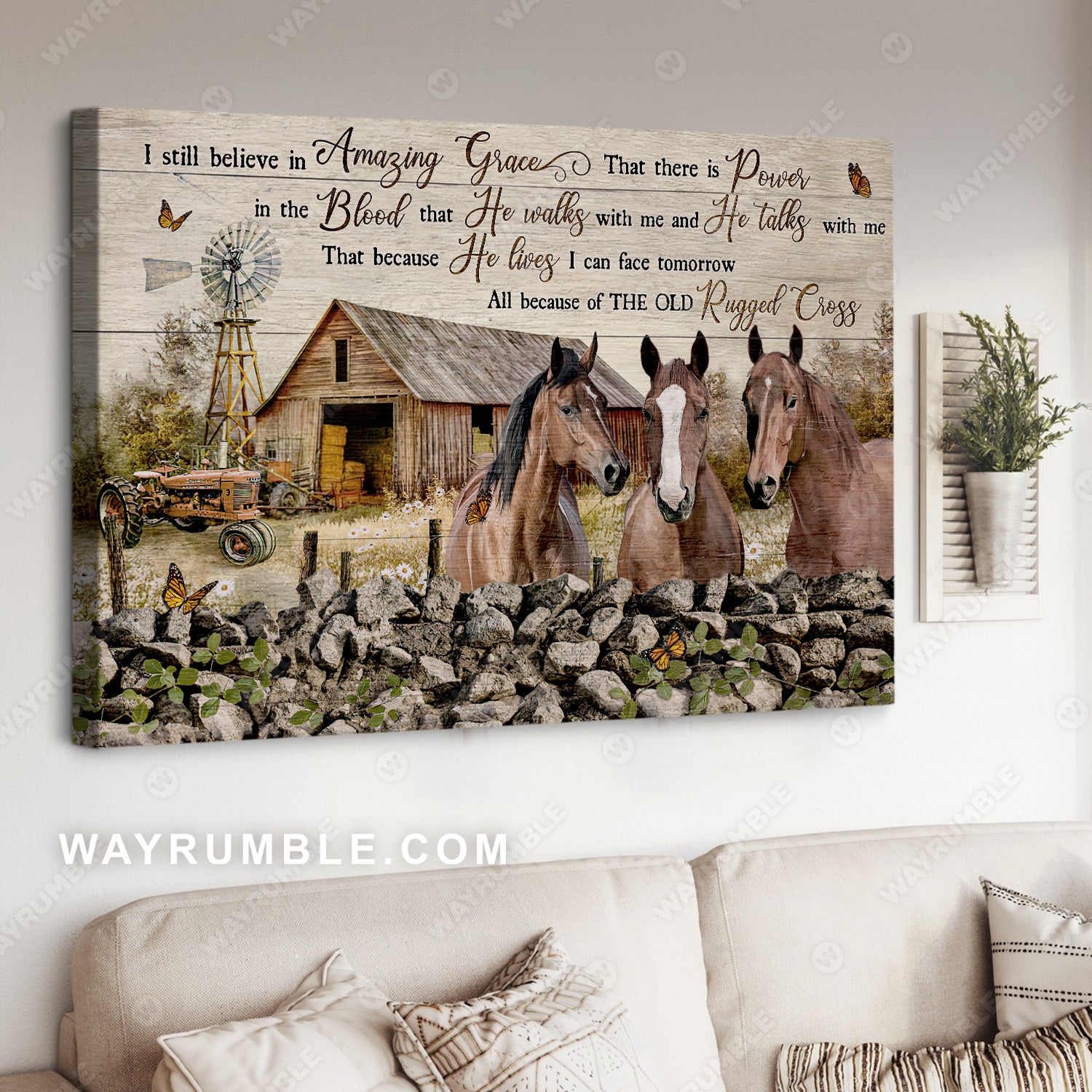 Brown horses, Rock wall, Peace farm, I still believe in amazing grace - Jesus Landscape Canvas Prints, Christian Wall Art