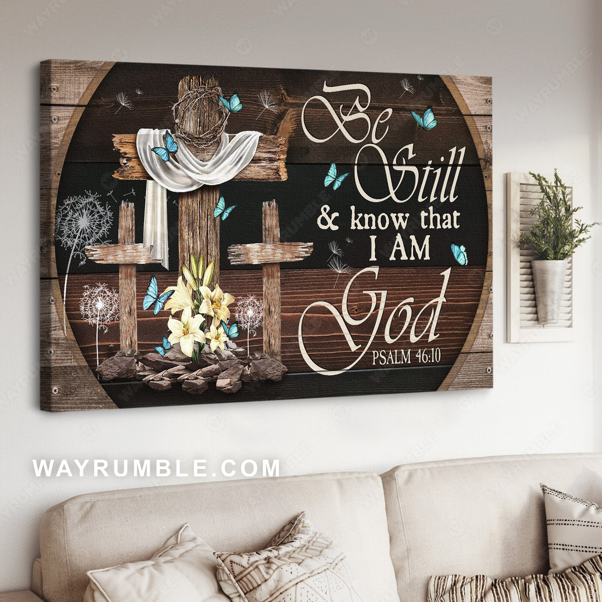 Old cross, Blue butterfly, Beautiful lily, Be still and know that I am God - Jesus Landscape Canvas Prints, Christian Wall Art