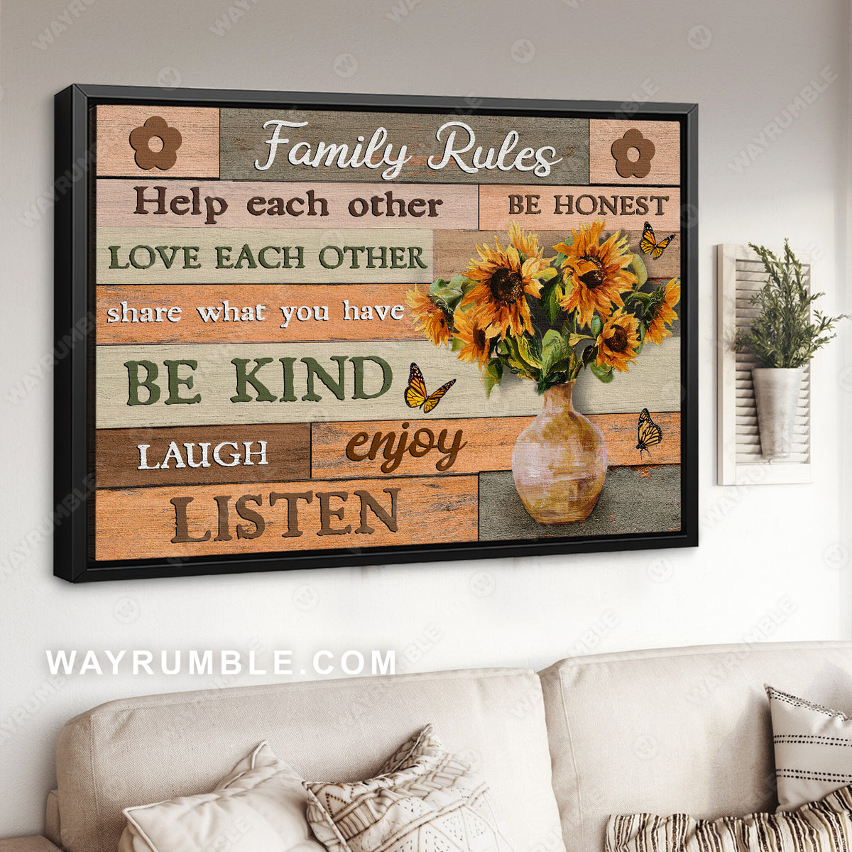 Sunflower vase, Orange butterfly, Family rules, Help each other - Jesus Landscape Canvas Prints, Christian Wall Art
