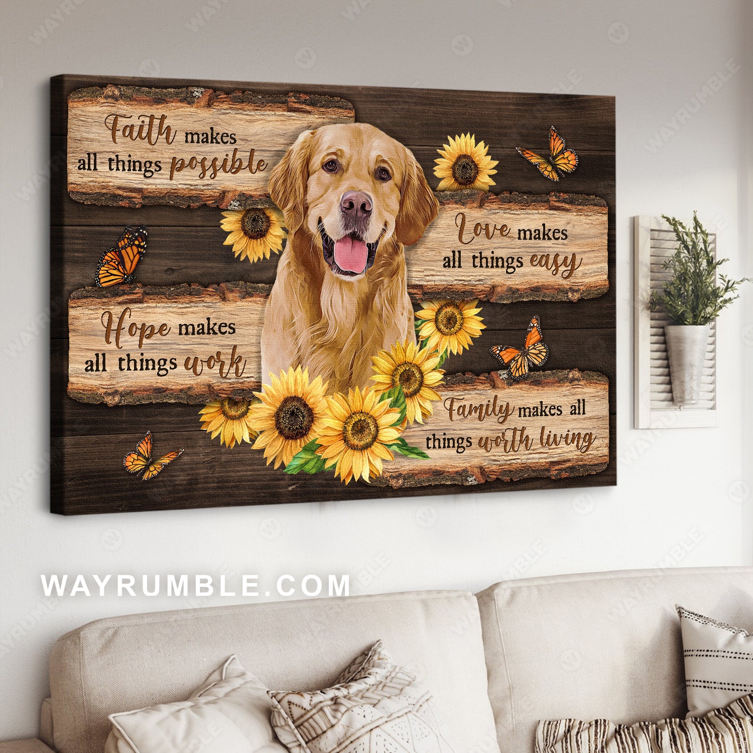 Cute Golden Retriever, Sunflower painting, Faith makes all thing possible - Jesus Landscape Canvas Prints, Home Decor Wall Art
