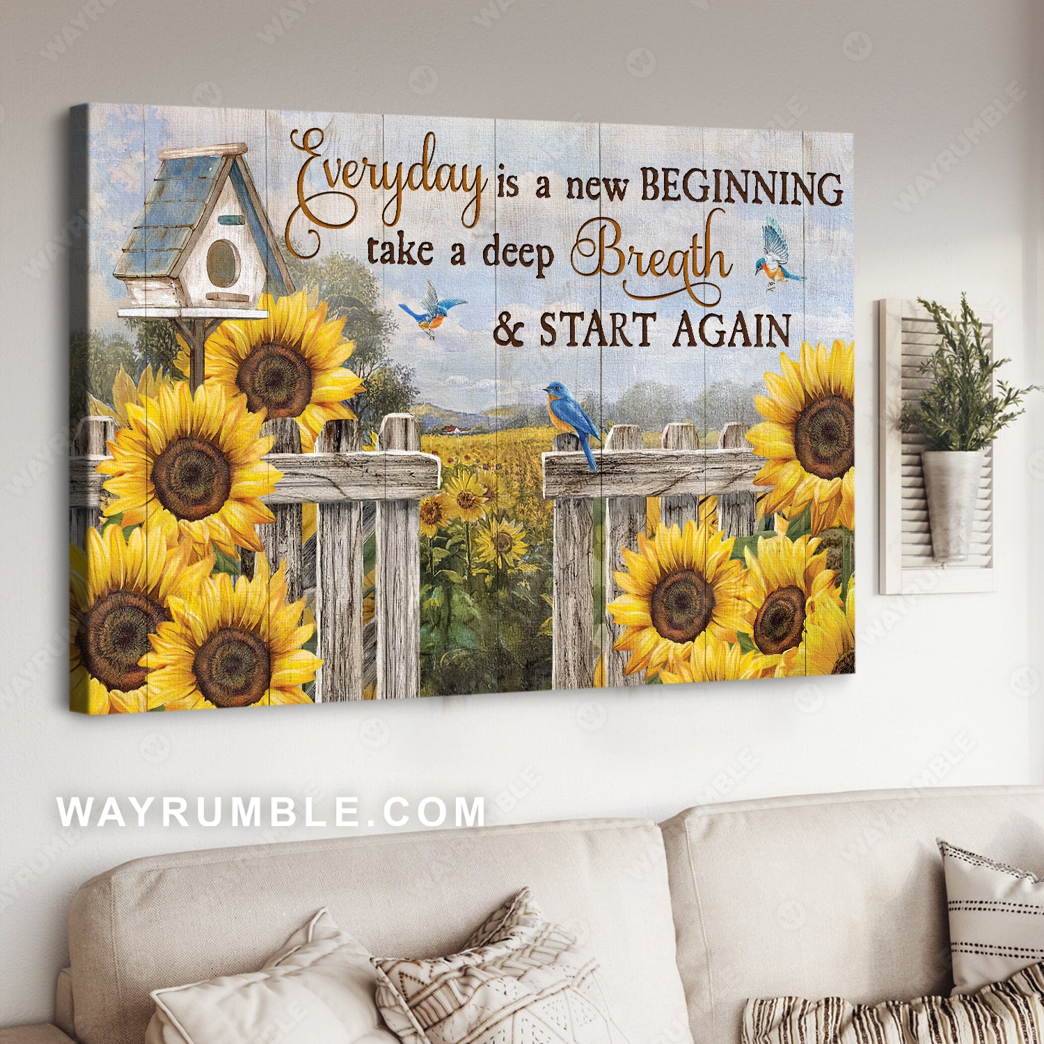Sunflower field, Eastern bluebird, Birdhouse, Every day is a new beginning - Jesus Landscape Canvas Prints, Home Decor Wall Art