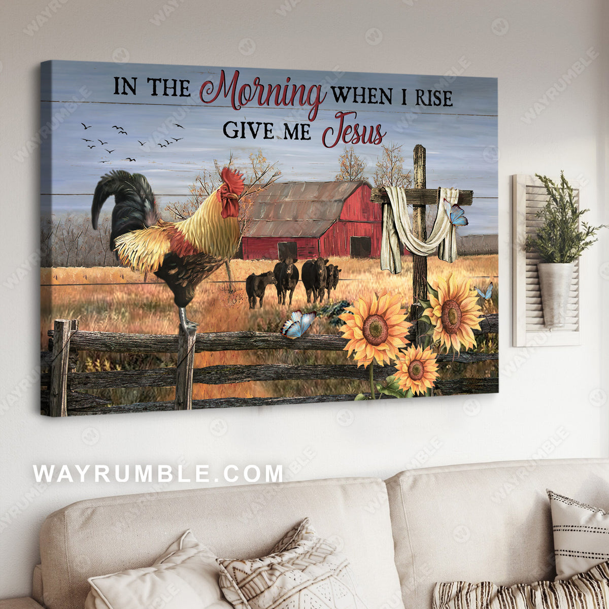 Rooster drawing, Countryside painting, In the morning when I rise give me Jesus - Jesus Landscape Canvas Prints, Christian Wall Art