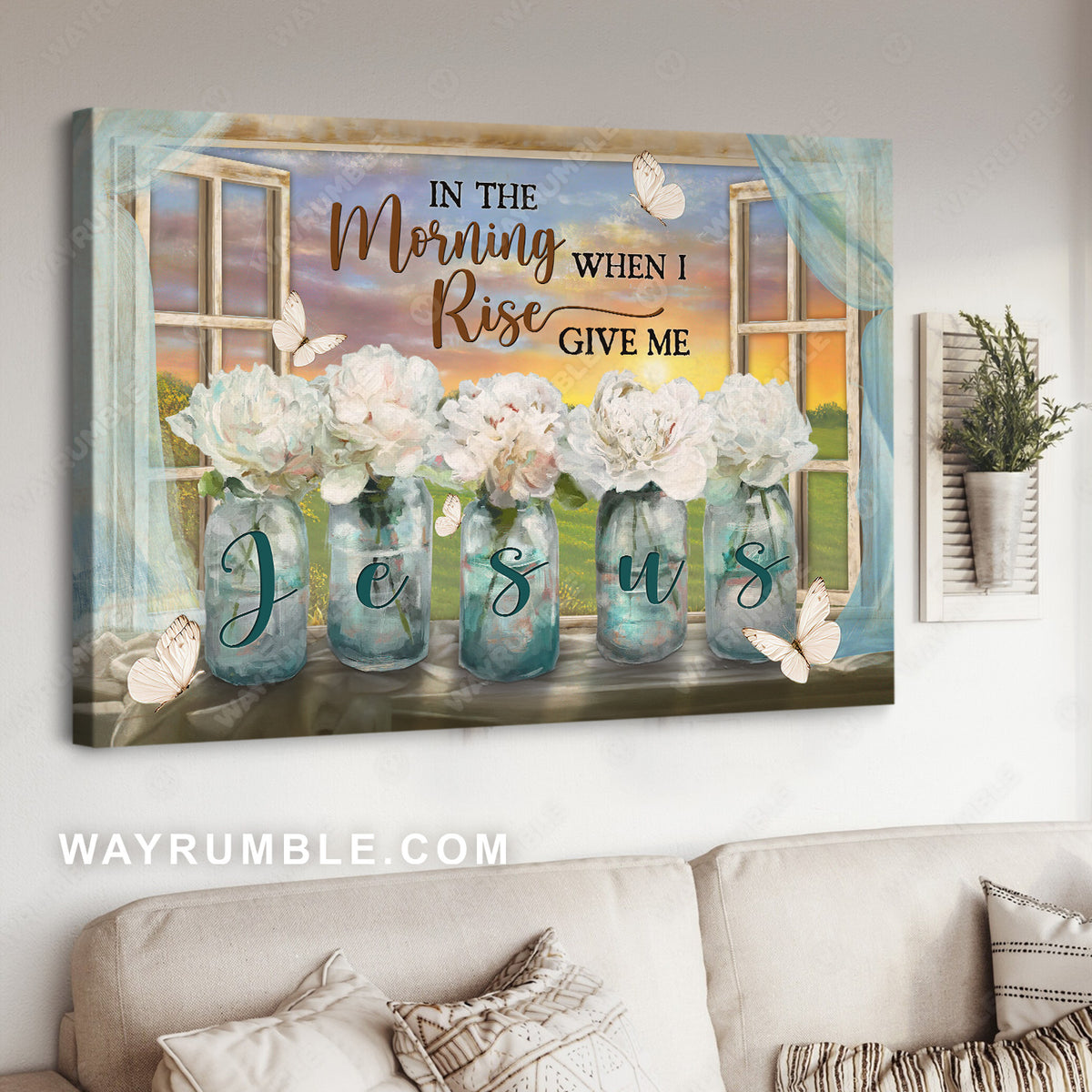 Beautiful white flower, Orange sunset, Butterfly, In the morning when I rise - Jesus Landscape Canvas Prints, Christian Wall Art