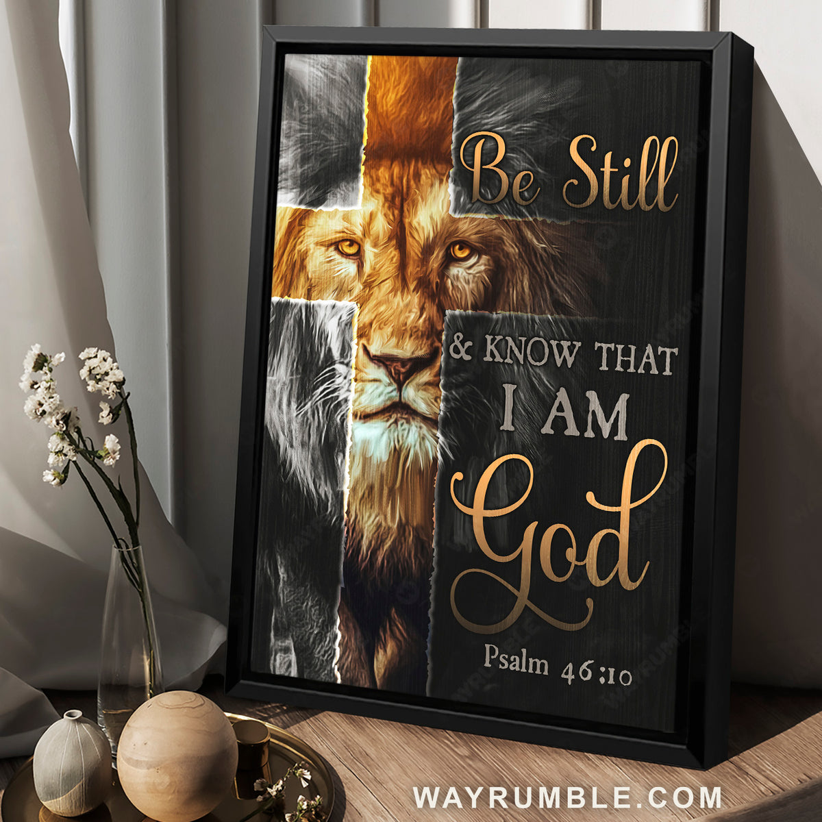 Yellow cross, Stunning lion drawing, Be still and know that I am God - Jesus Portrait Canvas Prints, Home Decor Wall Art