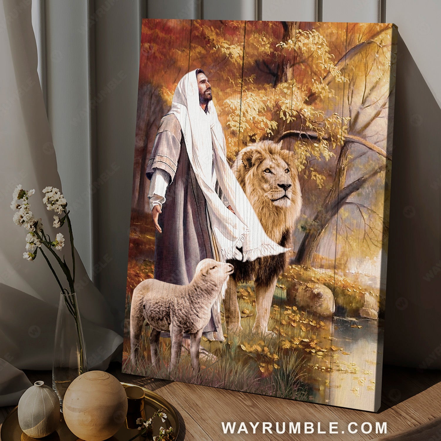 Animal of God, Stunning lion, White lamb, Autumn forest - Jesus Portrait Canvas Prints, Home Decor Wall Art