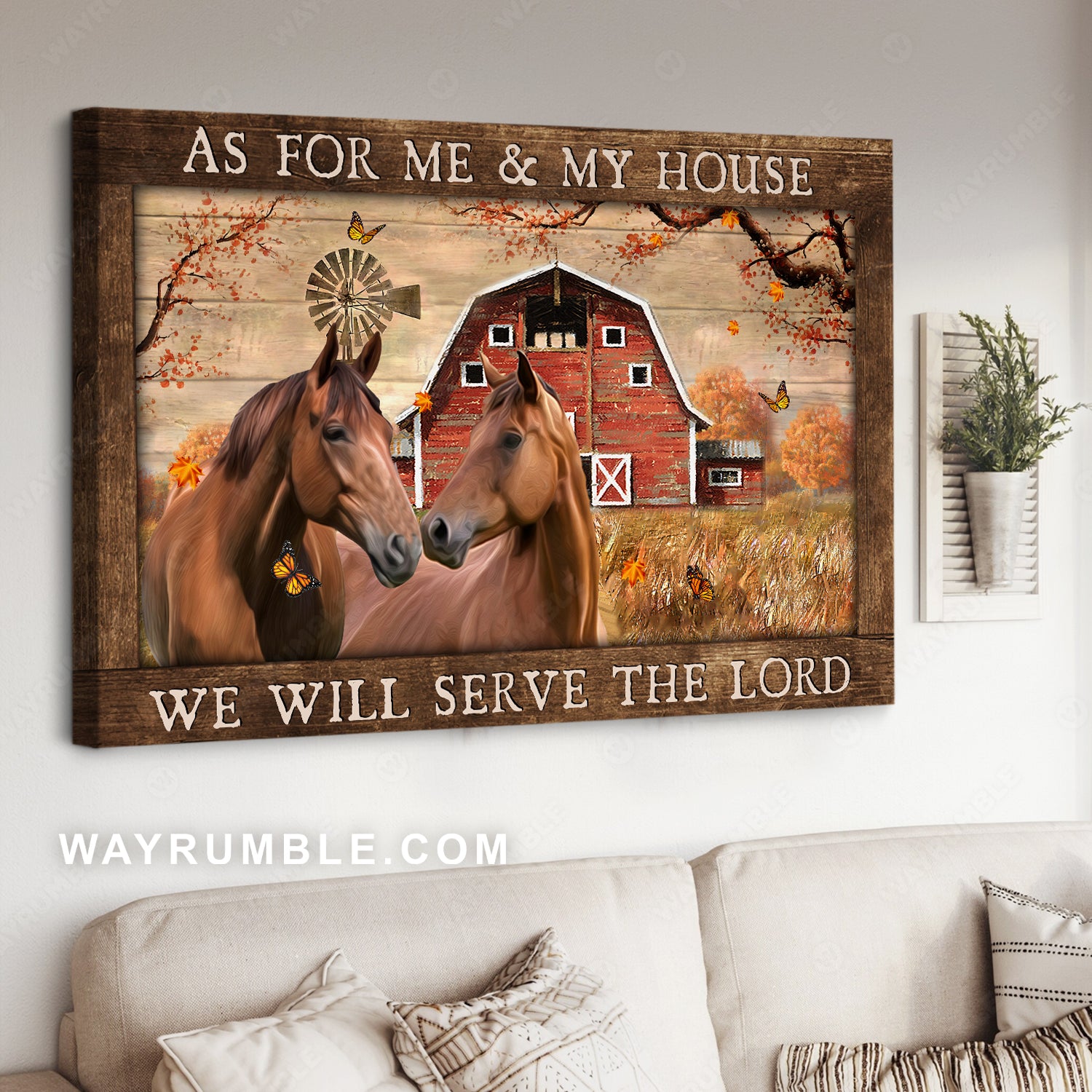 Horse couple, Autumn painting, Red house, We will serve the Lord - Jesus Landscape Canvas Prints, Christian Wall Art