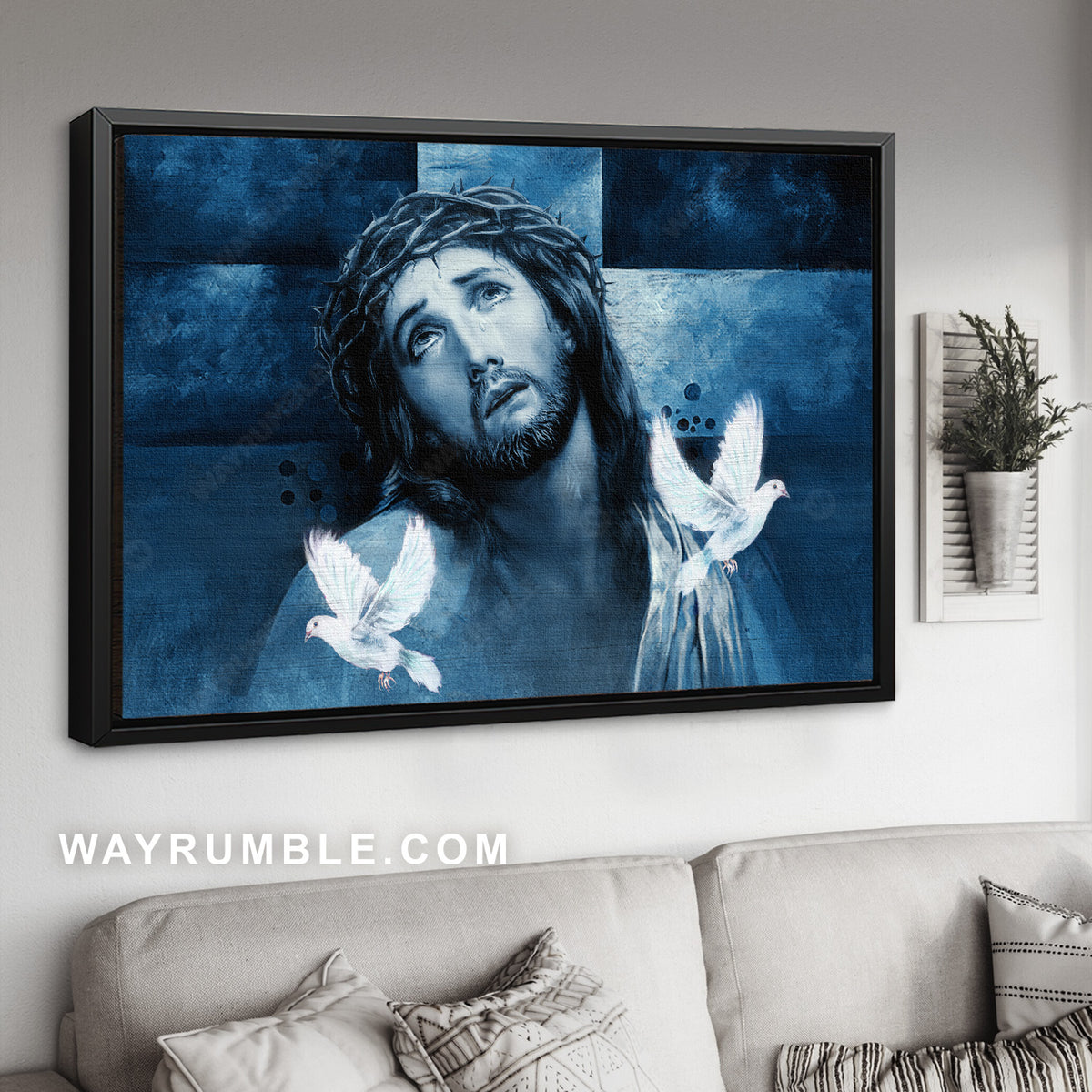 Stunning blue painting, Jesus drawing, Pretty dove, Crown of thorn - Jesus Landscape Canvas Prints, Home Decor Wall Art