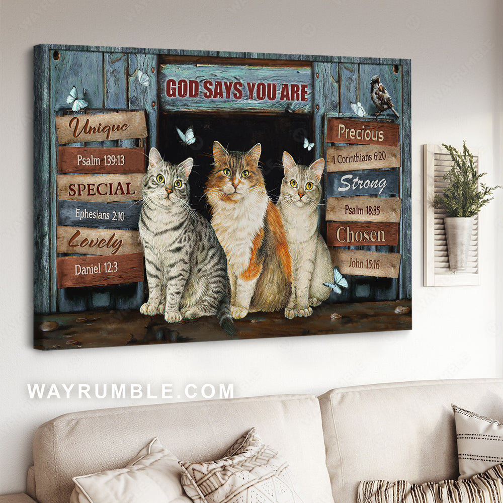 Watercolor cat, Blue butterfly, God says you are unique - Jesus Landscape Canvas Prints, Christian Wall Art