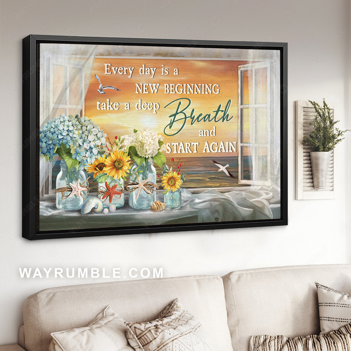 Cute flower vase, Pretty sunset, Seagull, Every day is a new beginning - Jesus Landscape Canvas Prints, Christian Wall Art