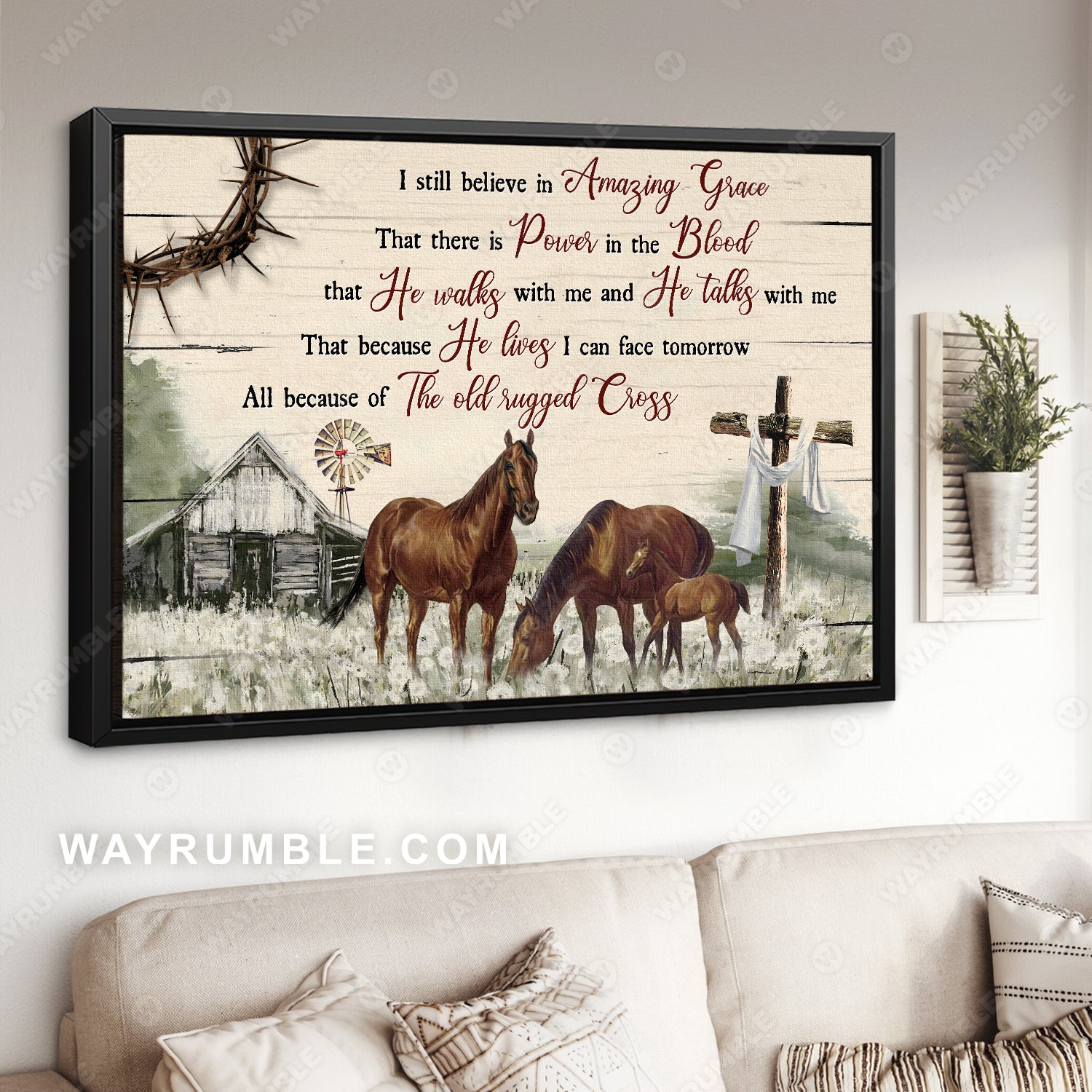 Brown horses painting, Field of dandelion, Windmill, I still believe in amazing grace - Jesus Landscape Canvas Prints, Christian Wall Art