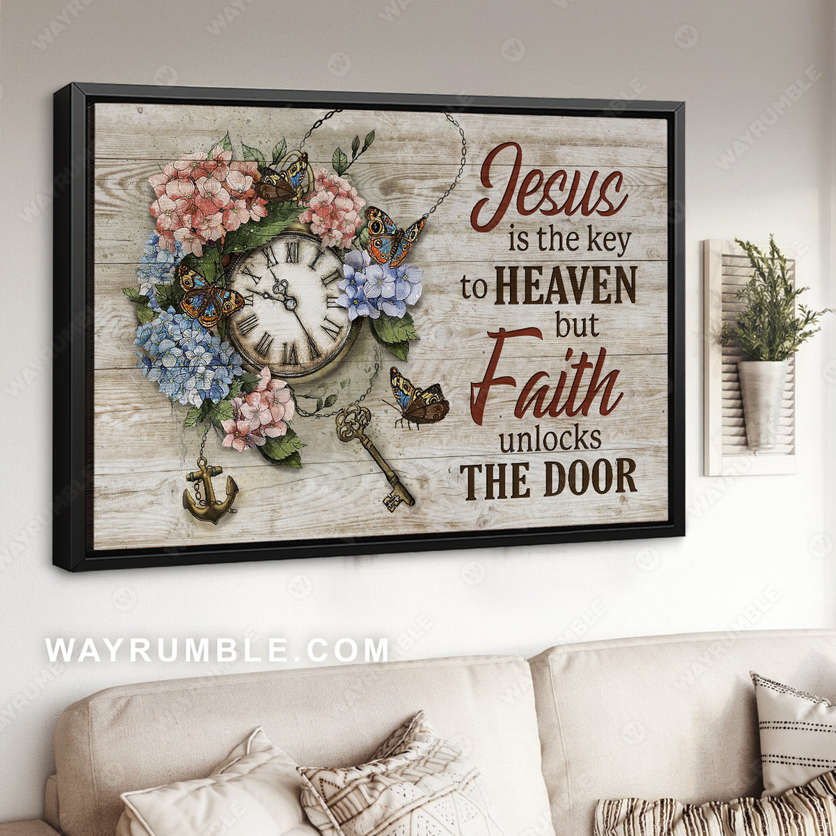 Pastel hydrangeas, Antique clock, Pretty butterfly, Jesus is the key to heaven - Jesus Landscape Canvas Prints, Home Decor Wall Art