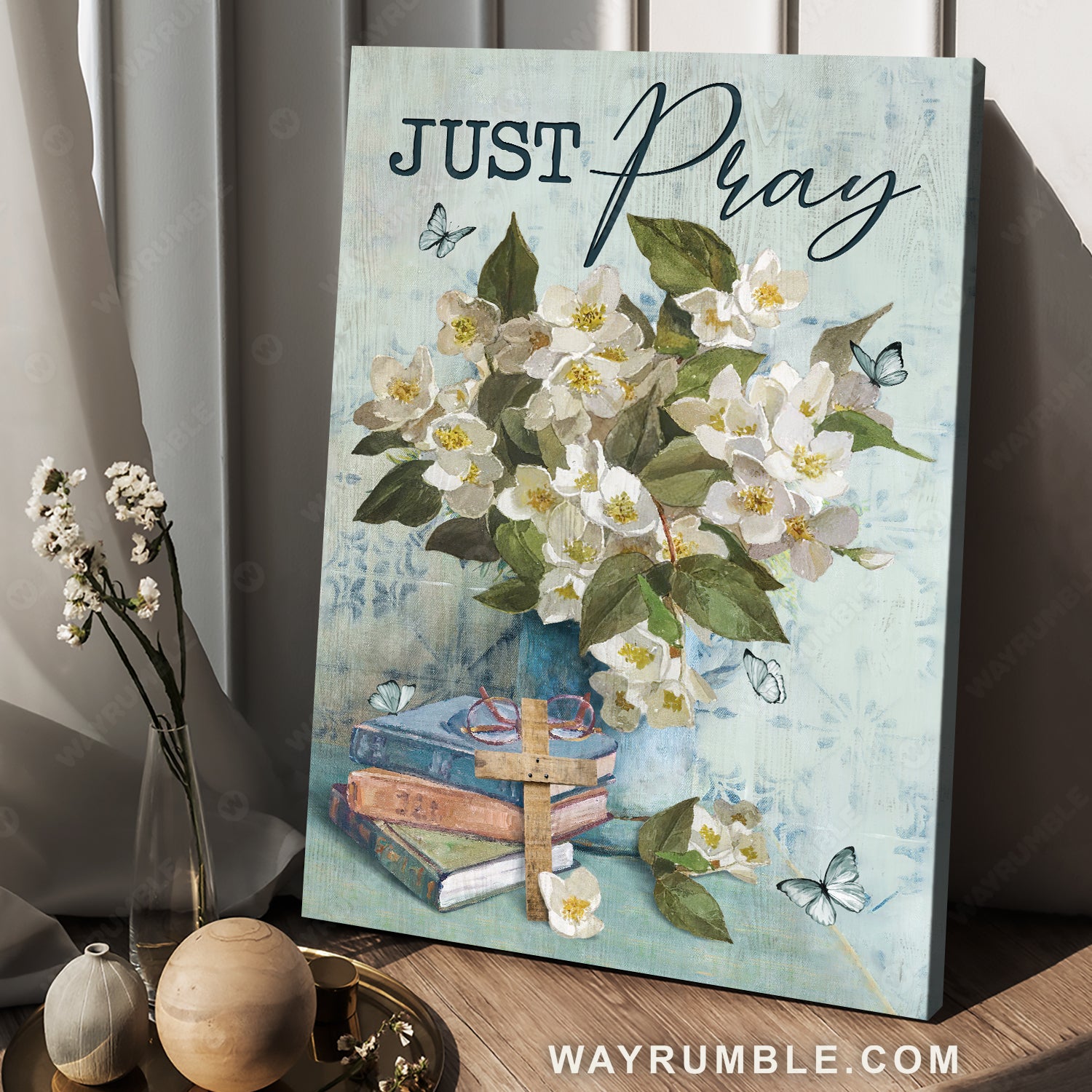 Watercolor jasmine, Colorful book, Wooden cross, Just pray - Jesus Portrait Canvas Prints, Christian Wall Art