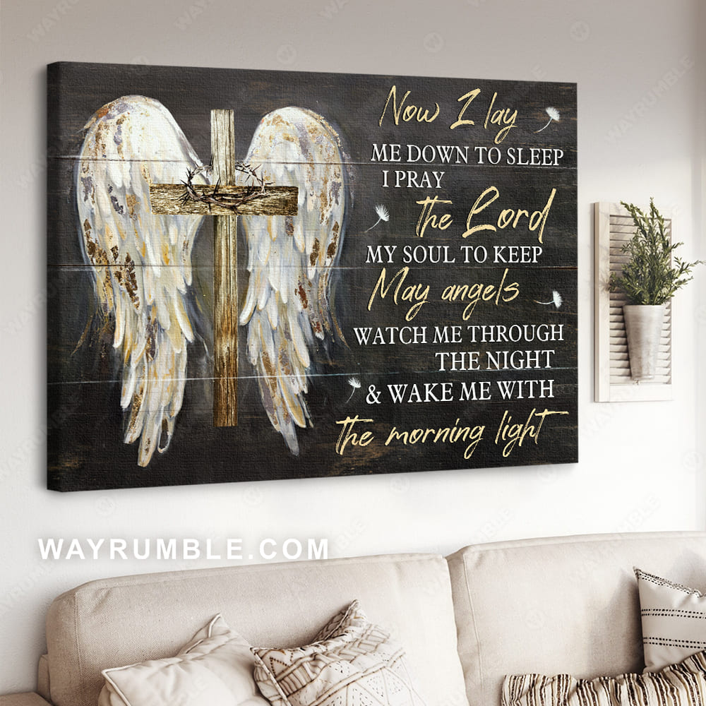 Angel wings, Crown of thorn, Cross symbol, Now I lay me down to sleep - Jesus Landscape Canvas Prints, Christian Wall Art