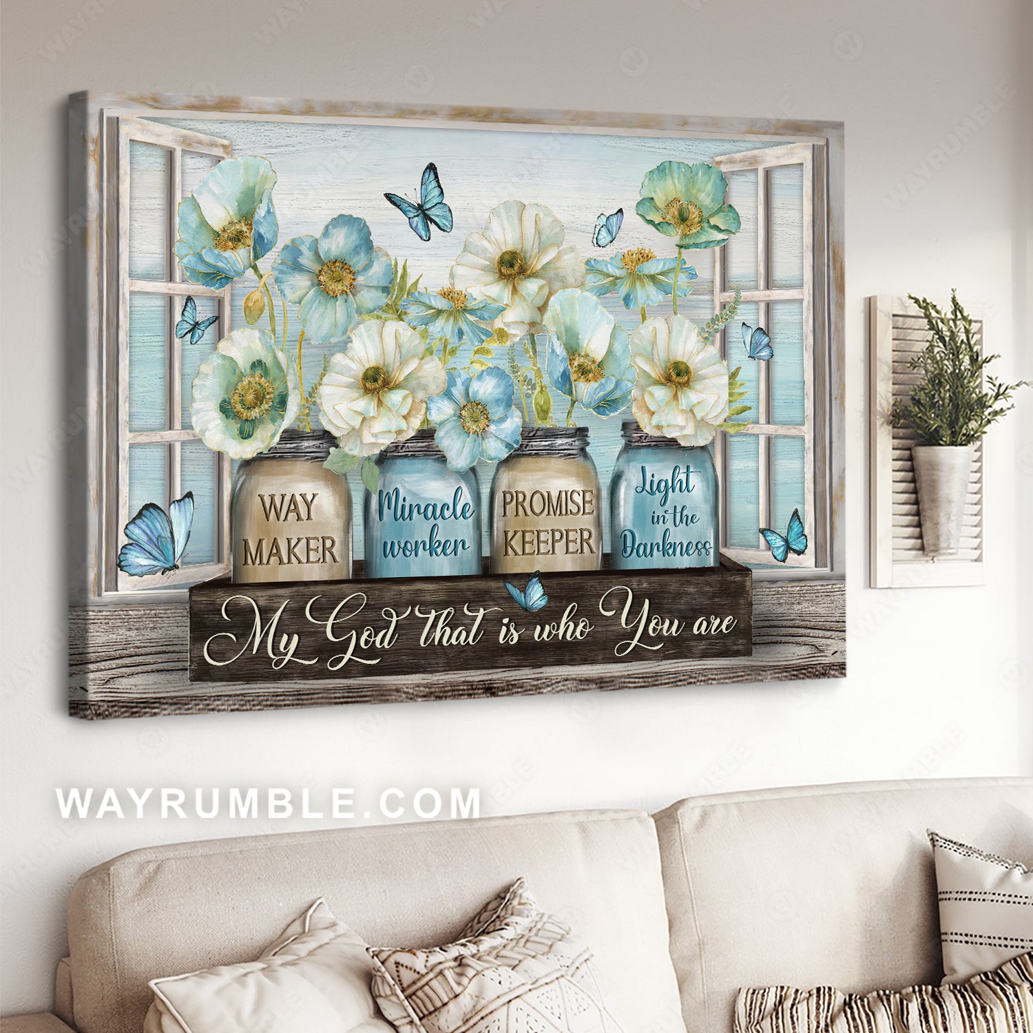 Pastel jasmine, Blue butterfly, Way maker, Miracle worker - Jesus Landscape Canvas Prints, Christian Wall Art