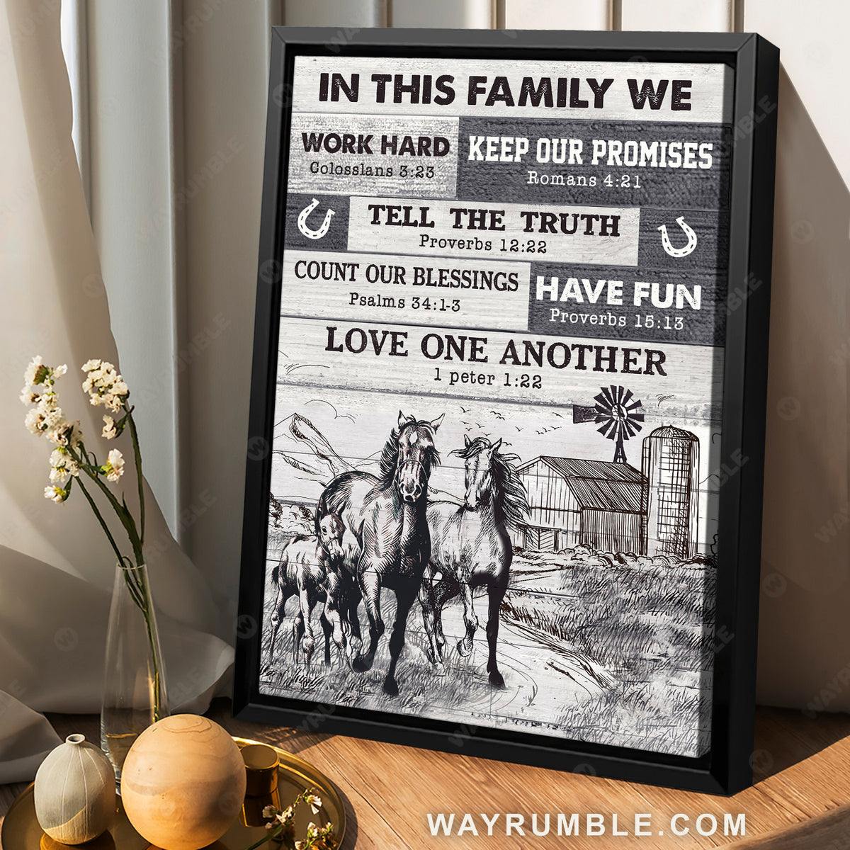 Quarter horses, Black and white drawing, In this family we work hard - Jesus Portrait Canvas Prints, Christian Wall Art