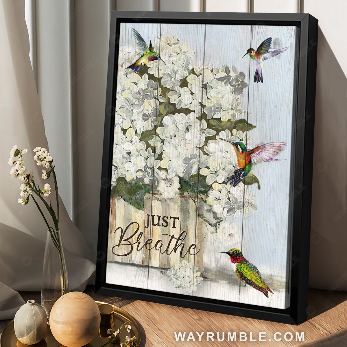 White hydrangea flower, Lovely hummingbird, Home Decor, Just breathe - Jesus Portrait Canvas Prints, Home Decor Wall Art