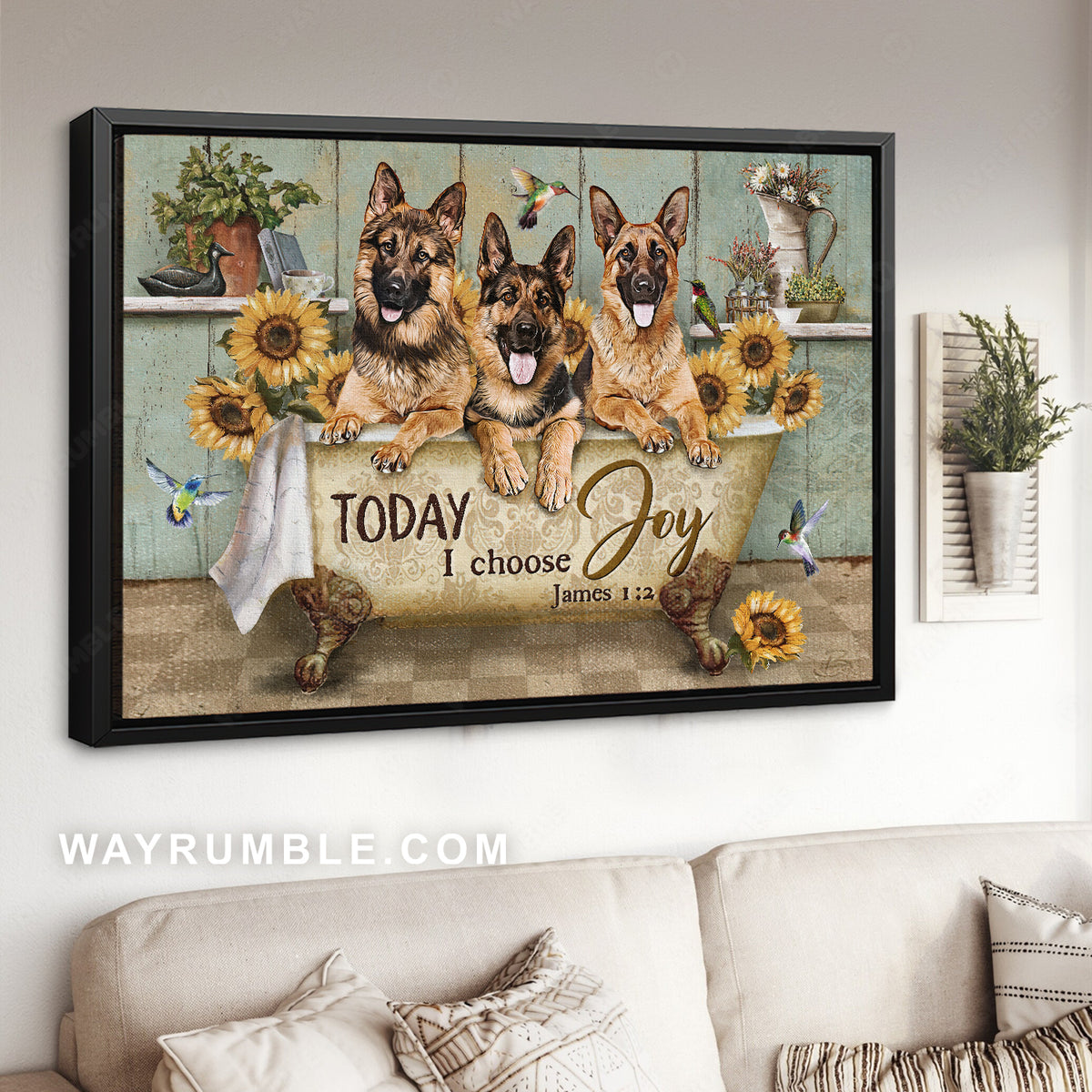 Cute German Shepherd, Vintage bathtub, Sunflower, Today I choose joy - Jesus Landscape Canvas Prints, Christian Wall Art