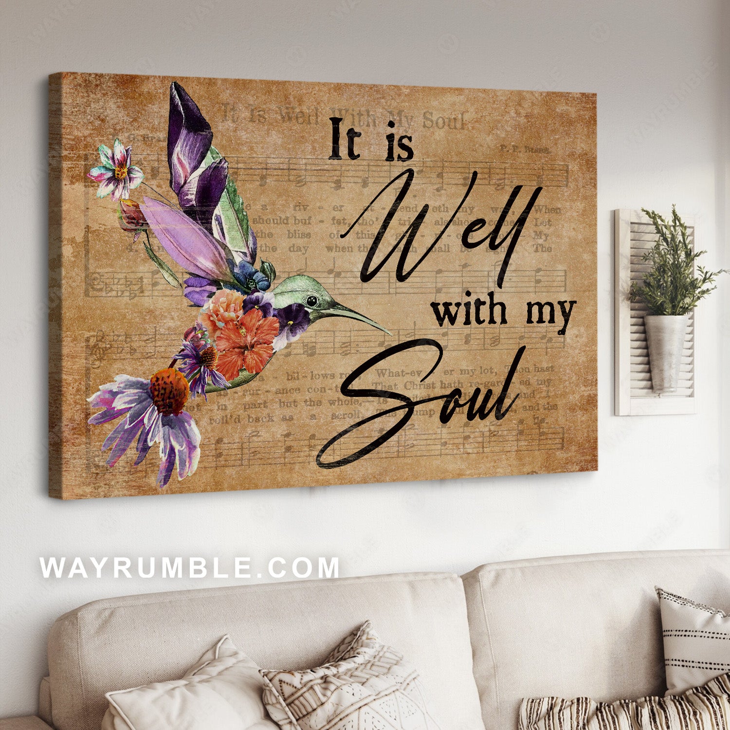 Unique hummingbird, Flower painting, Music sheet, It is well with my soul - Jesus Landscape Canvas Prints, Christian Wall Art