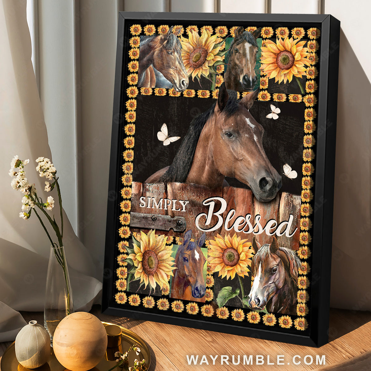 Sunflower background, Brown horse, Butterfly, Simply blessed - Jesus Portrait Canvas Prints, Christian Wall Art