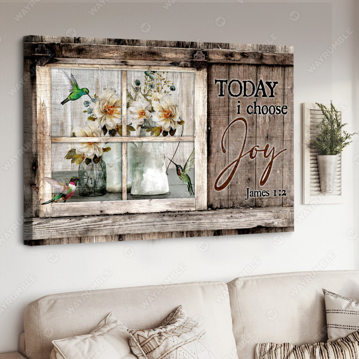 Green hummingbird, Pretty flower vase, Today I choose joy - Jesus Landscape Canvas Prints, Christian Wall Art