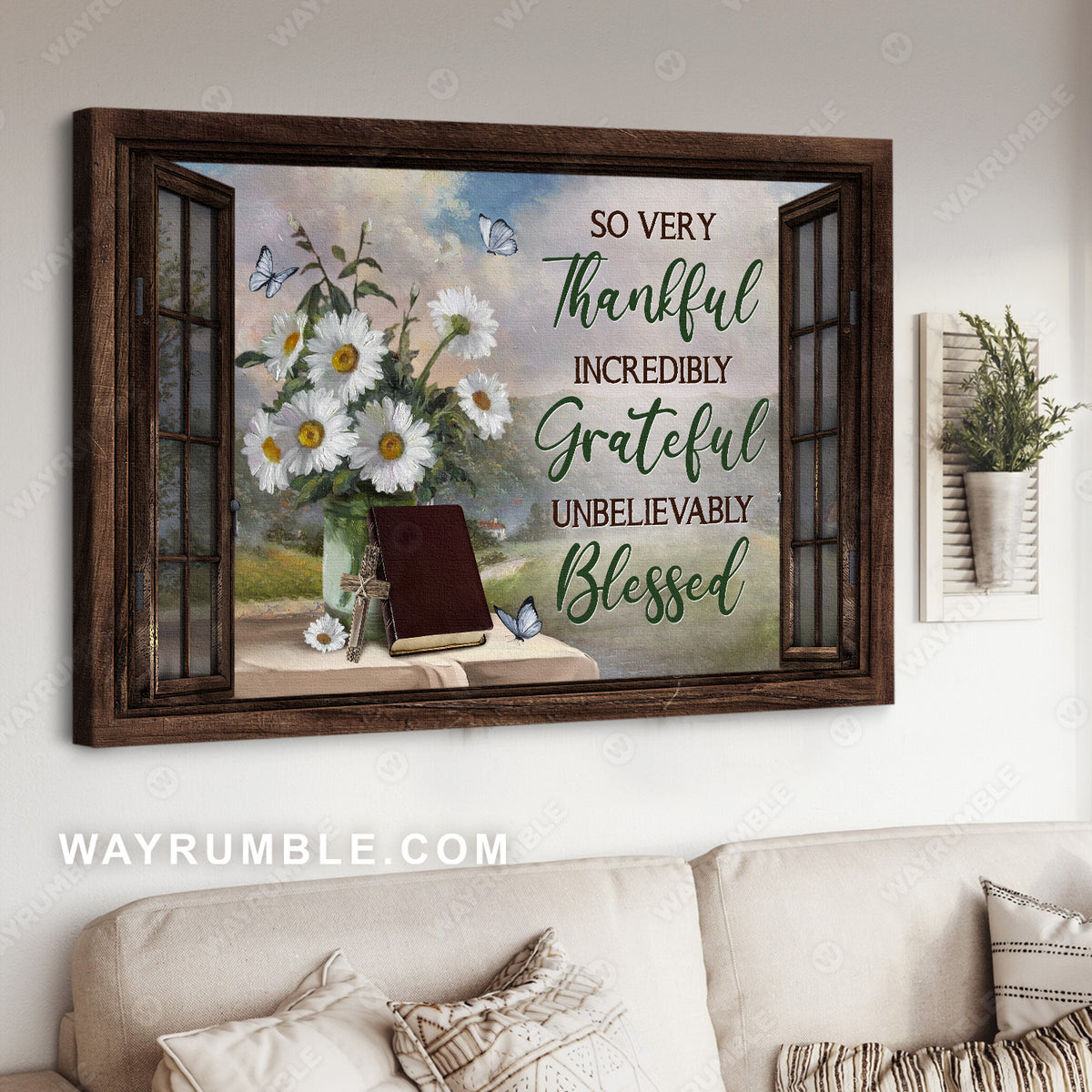 Pretty daisy vase, Vintage bible, Butterfly, So very thankful - Jesus Landscape Canvas Prints, Christian Wall Art