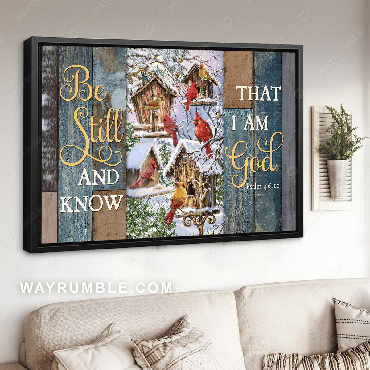 Pretty birdhouse, Cardinal painting, Winter yard, Be still and know that I am God - Jesus Landscape Canvas Prints, Home Decor Wall Art