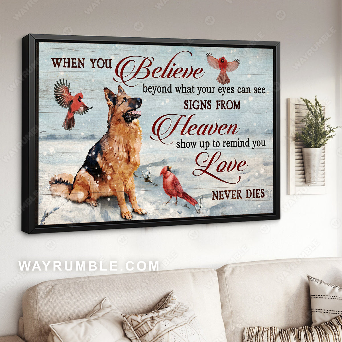 German shepherd dog, Red cardinal, Snow, Signs from heaven - Heaven Landscape Canvas Prints, Wall Art