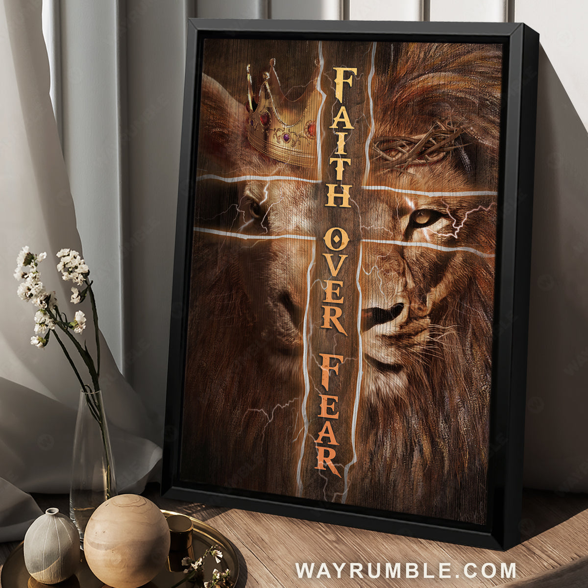 Golden crown, Lion king, Cross drawing, Faith over fear - Jesus Portrait Canvas Prints, Christian Wall Art