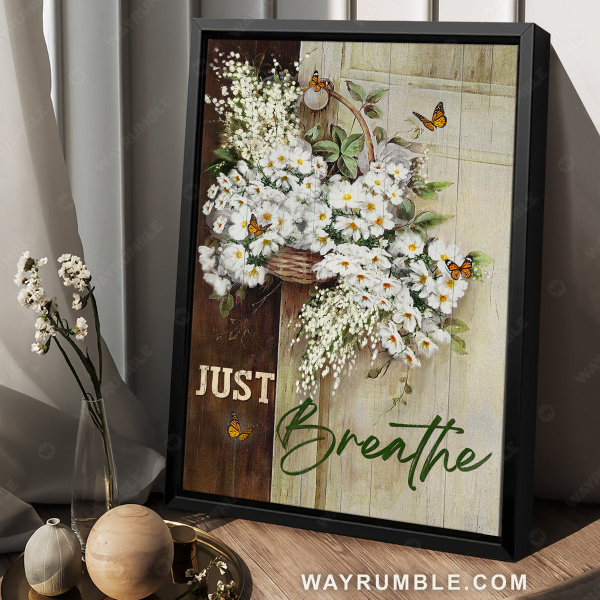 White baby flower, Pretty flower vase, Orange butterfly, Just breathe - Jesus Portrait Canvas Prints, Christian Wall Art
