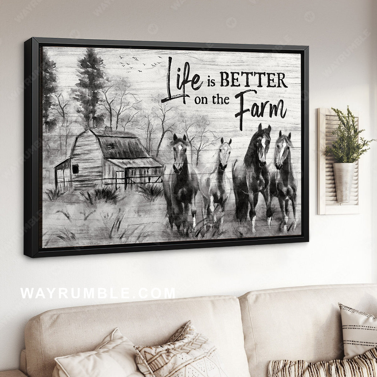 Running horse, Black and white drawing, Life is better on the farm - Jesus Landscape Canvas Prints, Home Decor Wall Art