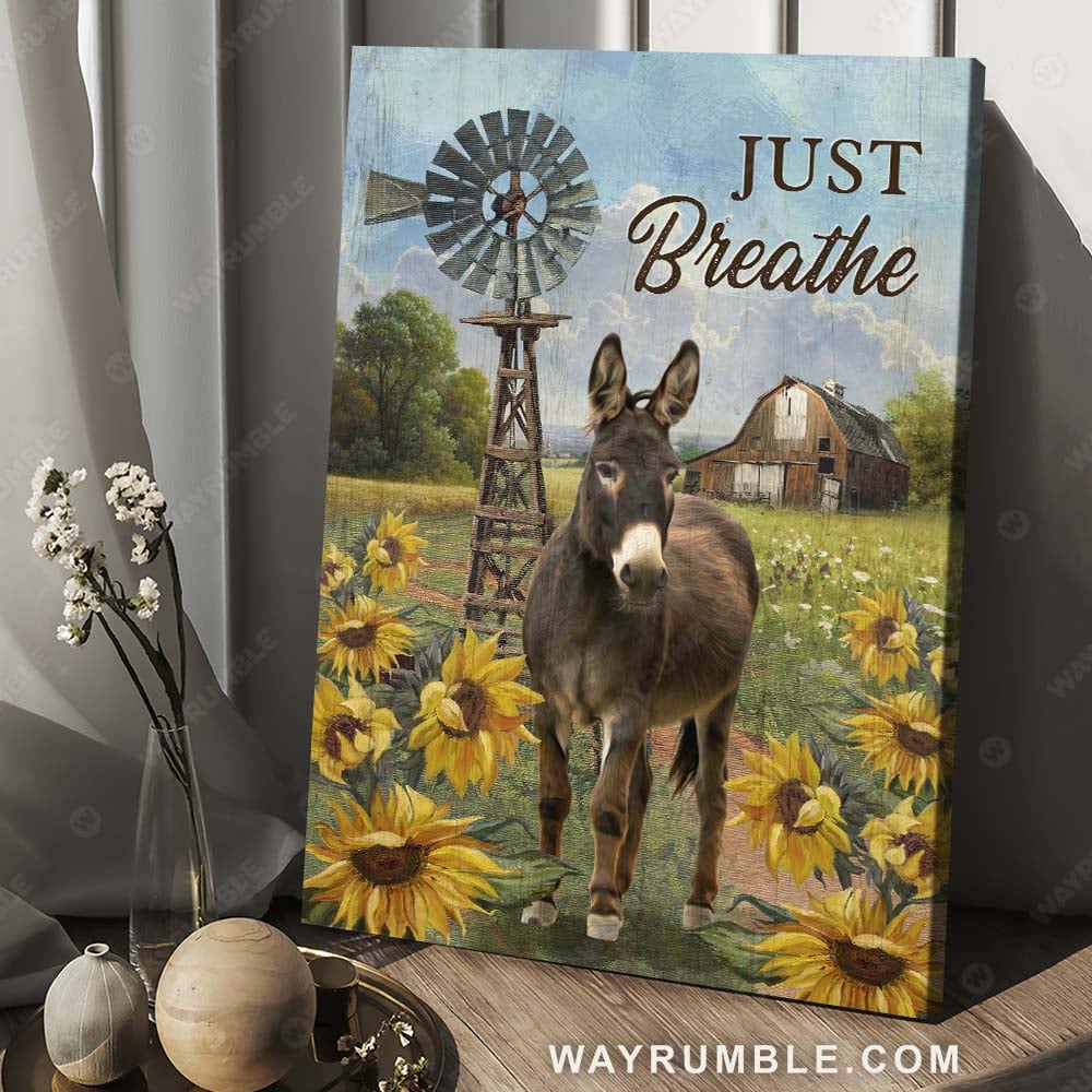 Donkey drawing, Sunflower field, Wooden windmill, Just breathe - Jesus Portrait Canvas Prints, Christian Wall Art