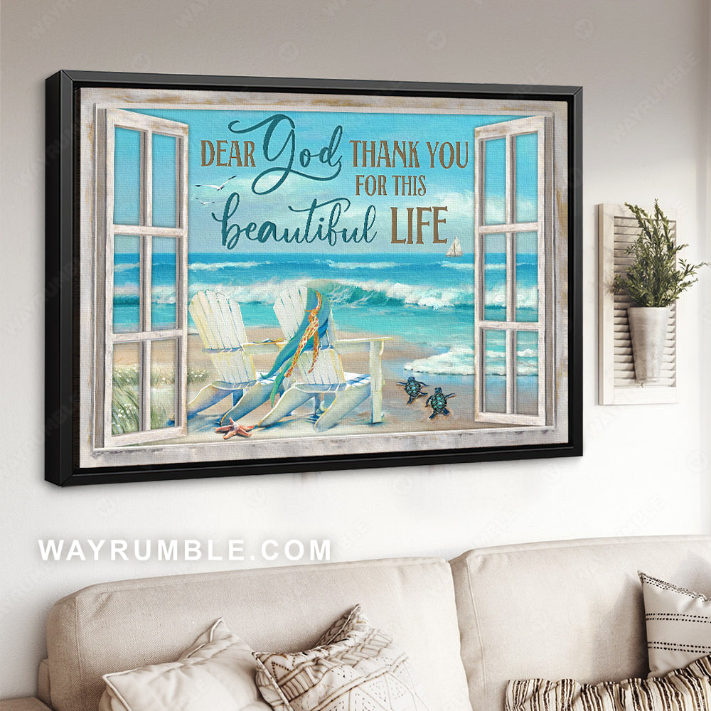 Blue ocean drawing, White chairs, Turtle, Thank you for this beautiful life - Jesus Landscape Canvas Prints, Christian Wall Art