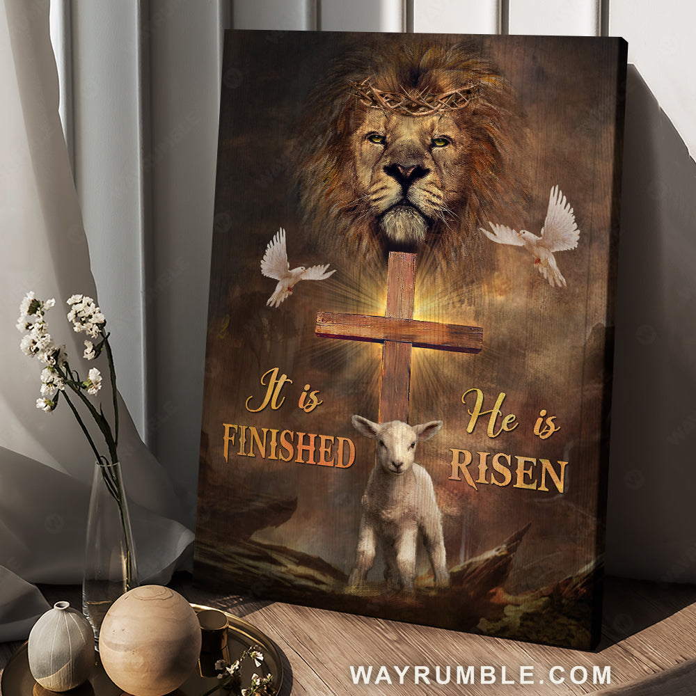 Lion face, Wooden cross, White dove, Animal of God, He is risen - Jesus Portrait Canvas Prints, Christian Wall Art