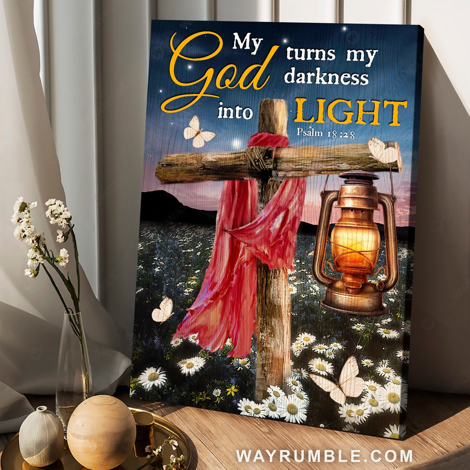 Stunning cross, Watercolor lantern, Daisy field, My God turns my darkness into light - Jesus Portrait Canvas Prints, Home Decor Wall Art