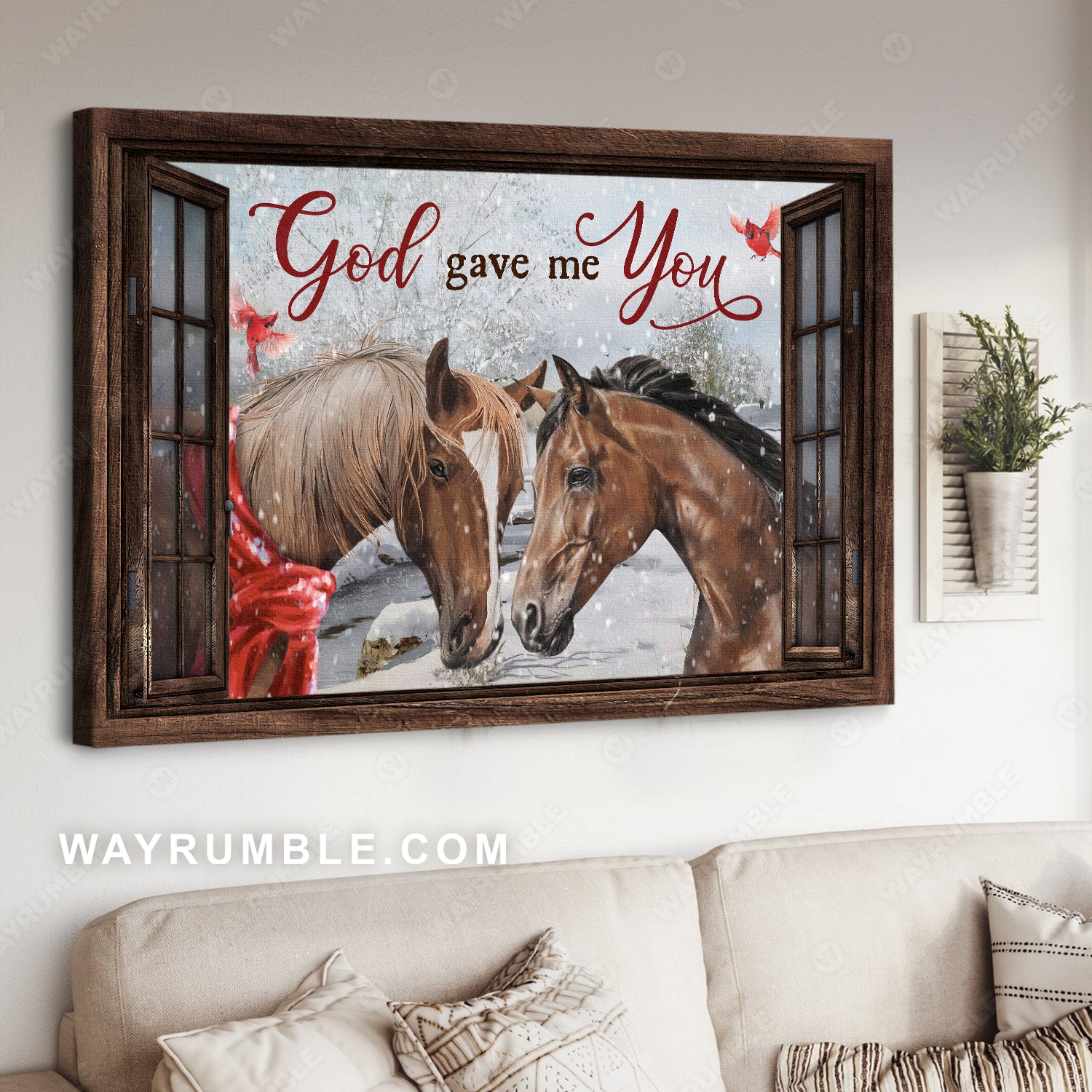 Brown horse, Xmas painting, Red cardinal, God gave me you - Jesus Landscape Canvas Prints, Home Decor Wall Art