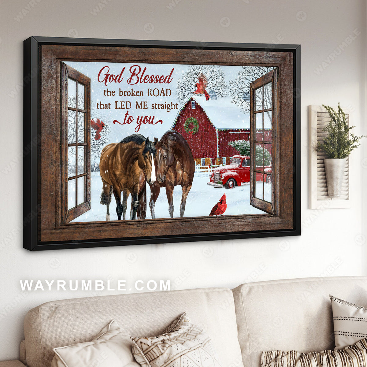 Brown horses, Christmas is coming, Cardinal, God blessed the broken road - Jesus Landscape Canvas Prints, Home Decor Wall Art