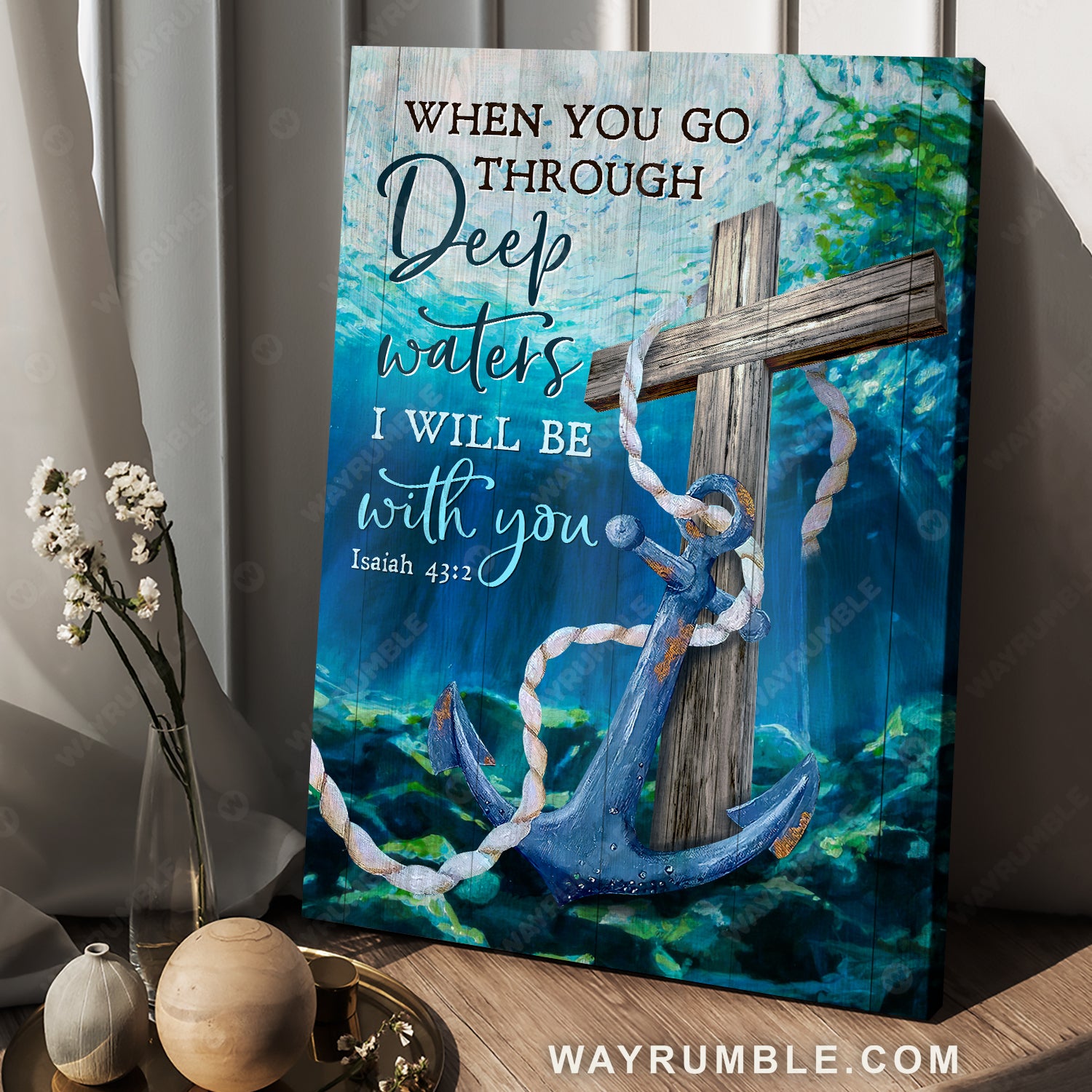 Stunning cross, Blue anchor, Deep ocean, When you go through deep waters - Jesus Portrait Canvas Prints, Christian Wall Art