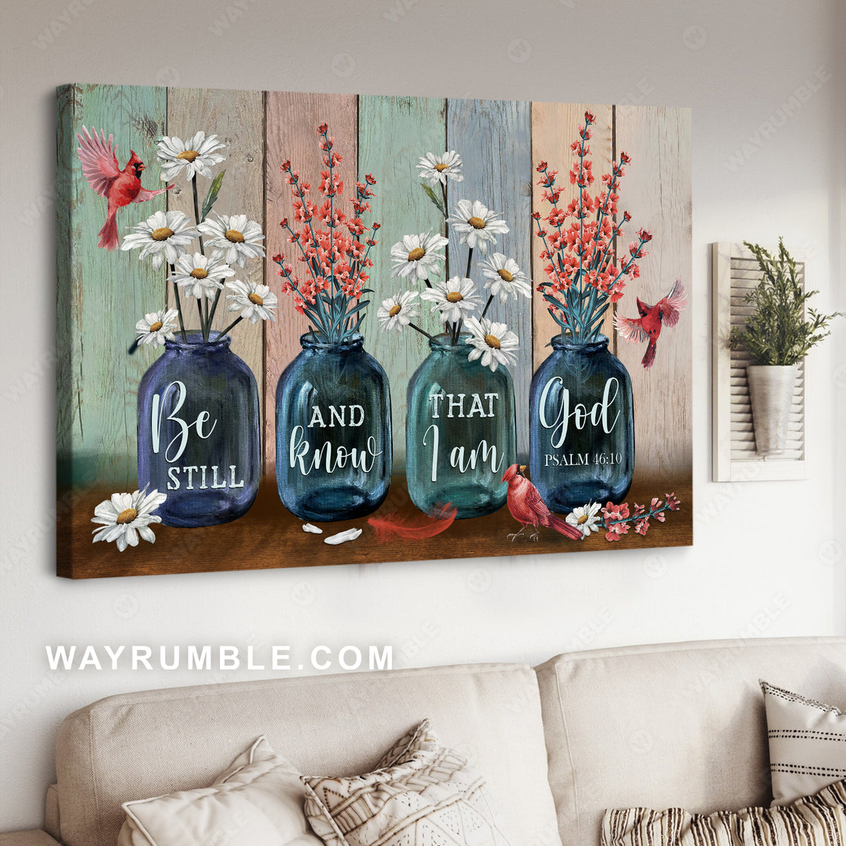 Red apricot blossom, Daisy flower, Cardinal, Be still and know that I am God - Jesus Landscape Canvas Prints, Wall Art