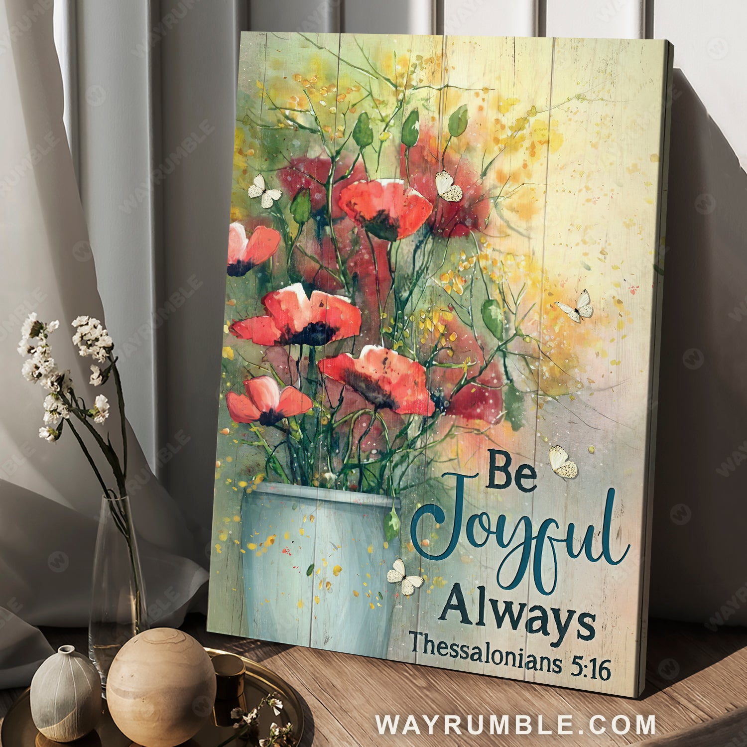 Watercolor flower, White butterfly, Poppy, Be joyful always - Jesus Portrait Canvas Prints, Christian Wall Art