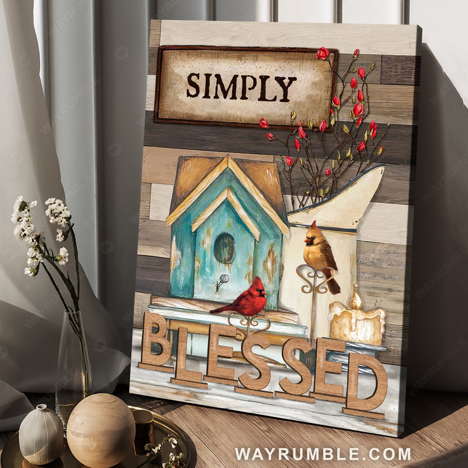 Wooden birdhouse, Cardinal couple, Baby flower, Simply blessed - Jesus Portrait Canvas Prints, Home Decor Wall Art