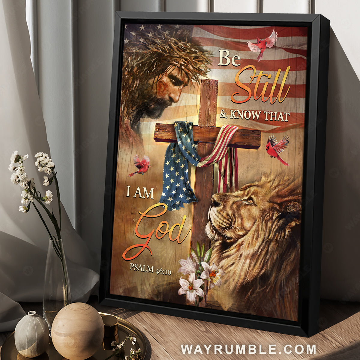 Face of Jesus, Amazing lion, Wooden cross, Be still and know that I am God - Jesus Portrait Canvas Prints, Christian Wall Art