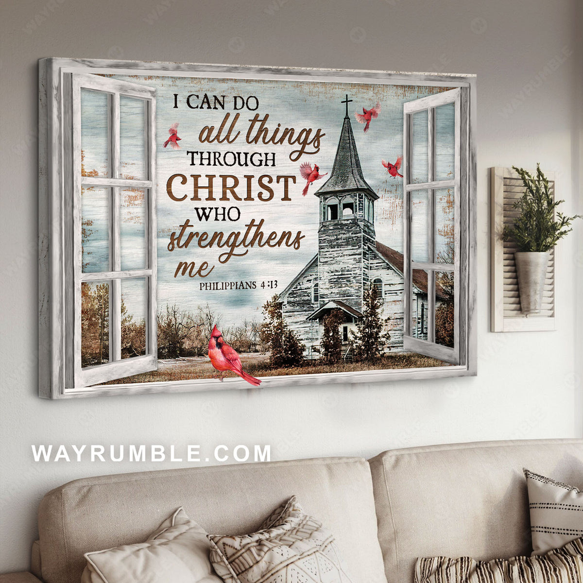 Stunning church, Pretty cardinal, I can do all things through Christ - Jesus Landscape Canvas Prints, Home Decor Wall Art