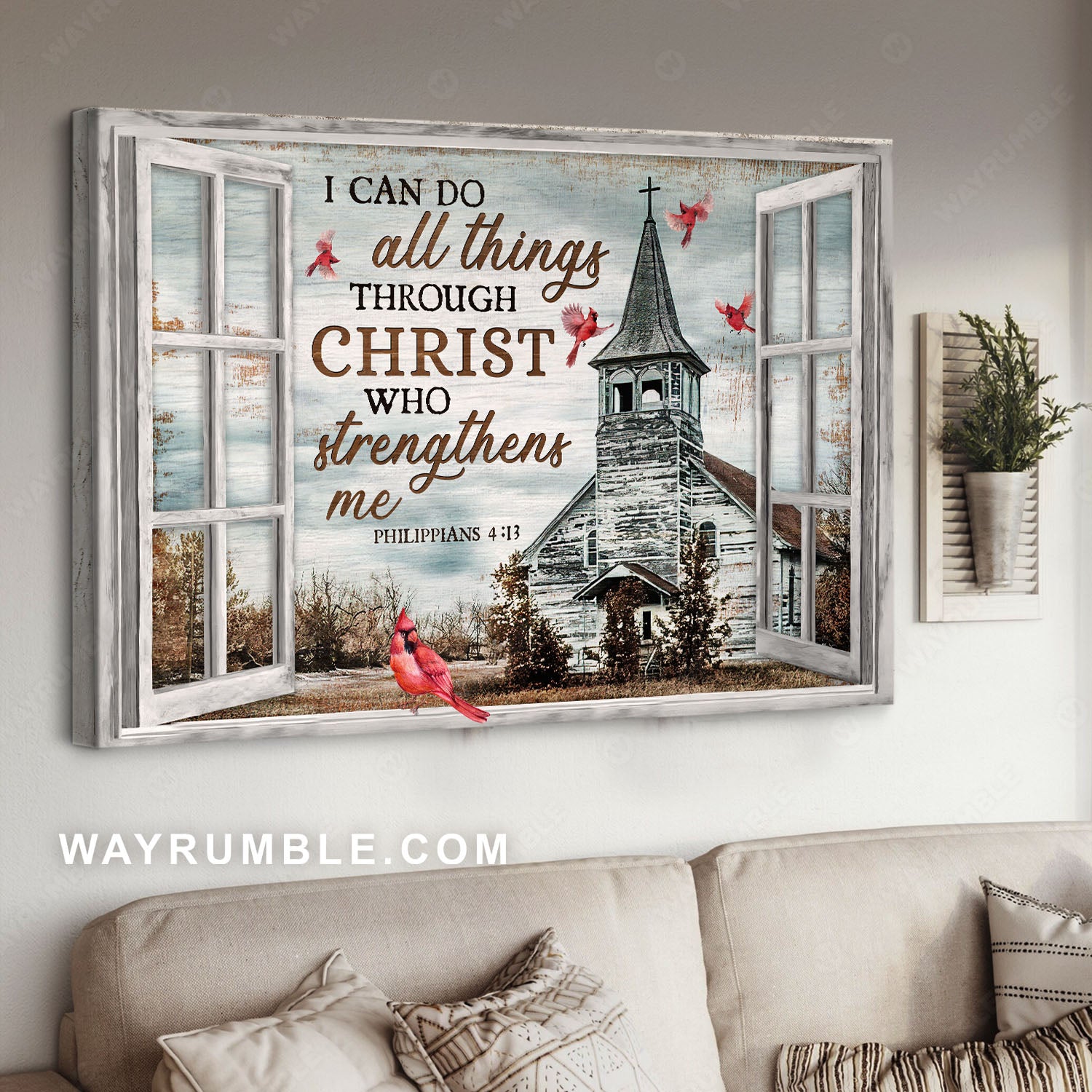 Stunning church, Pretty cardinal, I can do all things through Christ - Jesus Landscape Canvas Prints, Home Decor Wall Art